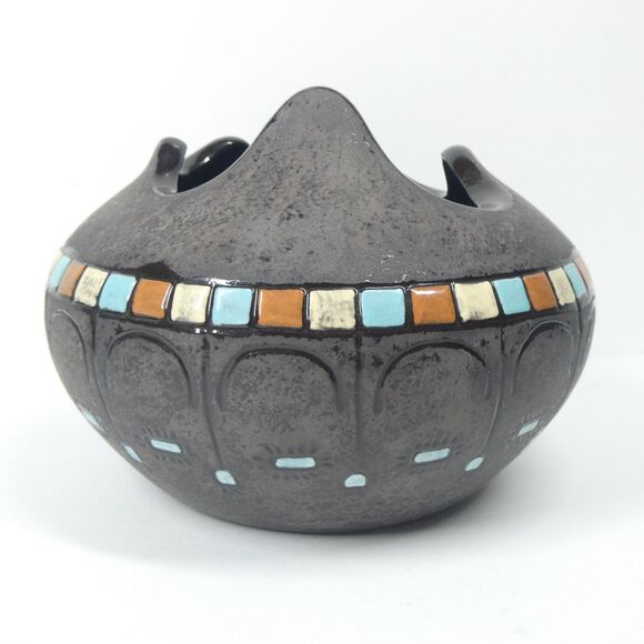 Black Ceramic Bowl Pot w/Blue Squares Geometric Signed Vtg MCM Blackware Native? - Picture 1 of 16